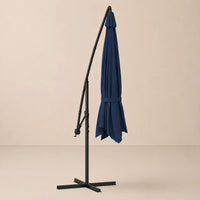 Round cantilever umbrella 3.5m Blue folded and secured with carry strap on cross stand – Marin