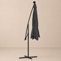 Round cantilever umbrella 3m Anthracite folded and secured with carry strap on cross stand with solar panel – Libeccio