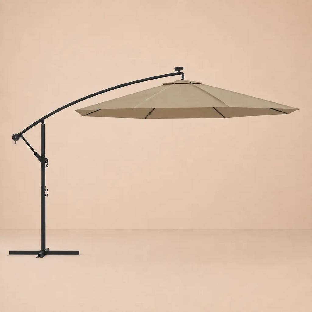 Round cantilever umbrella 3m Taupe fully open side view with solar panel and adjustable tilt arm – Meltem