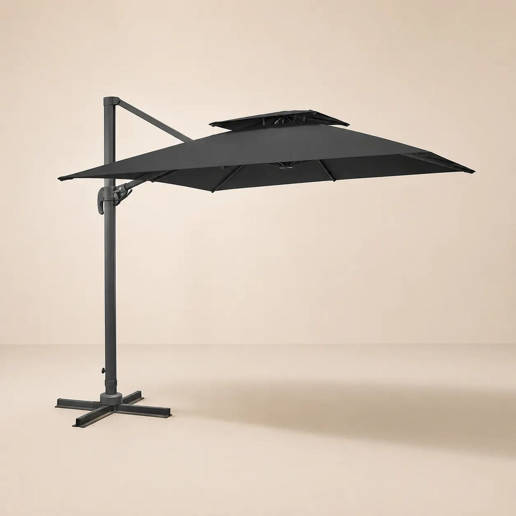 Side profile of the 3x3m anthracite cantilever umbrella with double wind-vented canopy and offset aluminium pole