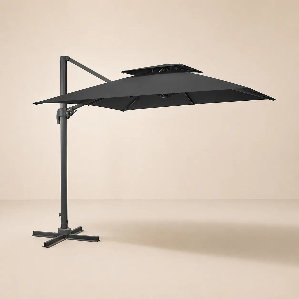 Side profile of the 3x3m anthracite cantilever umbrella with double wind-vented canopy and offset aluminium pole