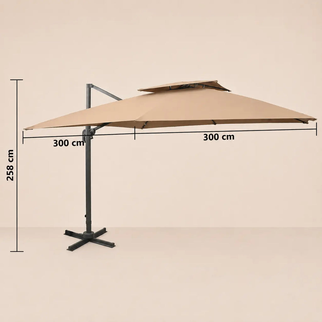 Dimensions diagram of the Tramontane cantilever umbrella showing 300cm x 300cm canopy and 258cm height
