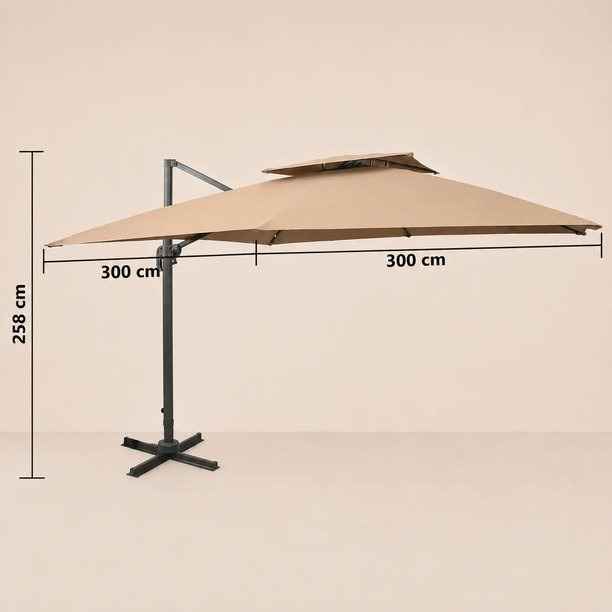 Dimensions diagram of the Tramontane cantilever umbrella showing 300cm x 300cm canopy and 258cm height