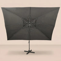 Rear view of the Levant XL 3x4m anthracite cantilever umbrella with eight-rib frame and vented double canopy