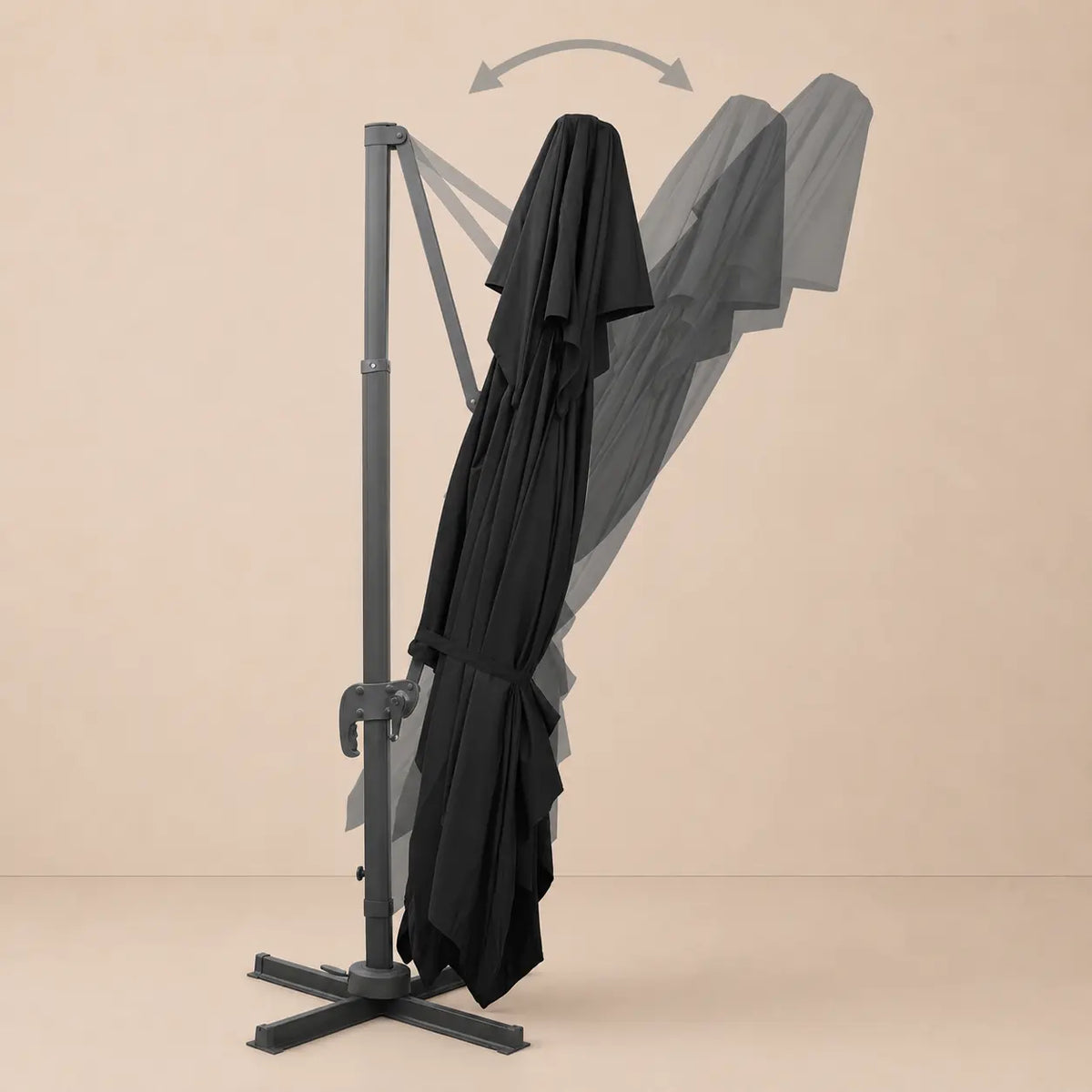 Tilt function of the 3x4m black rectangular cantilever umbrella allowing adjustable shade angles throughout the day