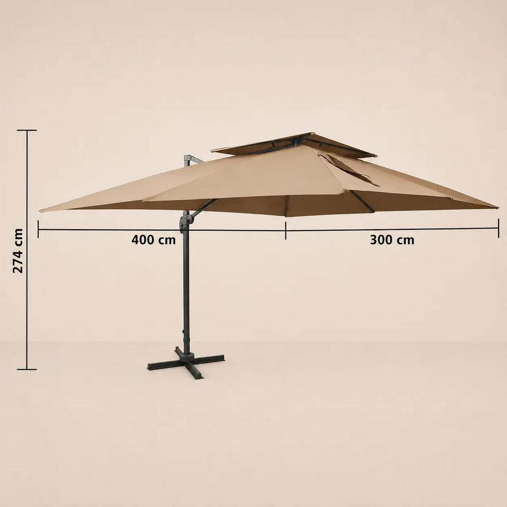Dimensions diagram of the Tramontane XL rectangular cantilever umbrella showing 400cm x 300cm canopy and 274cm height