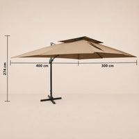 Dimensions diagram of the Tramontane XL rectangular cantilever umbrella showing 400cm x 300cm canopy and 274cm height