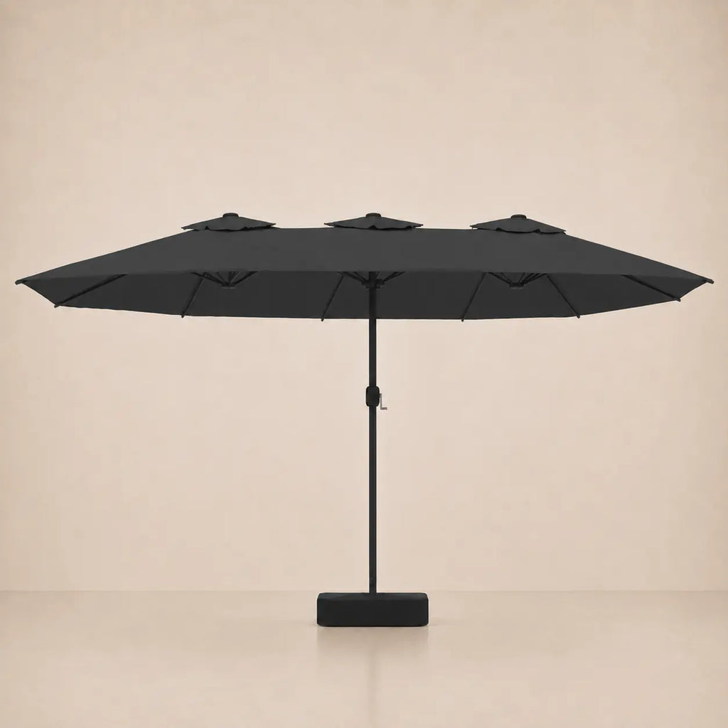 Anthracite double canopy market umbrella with integrated LED lights, black aluminium pole and weighted square base