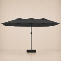 Anthracite double canopy market umbrella with integrated LED lights, black aluminium pole and weighted square base