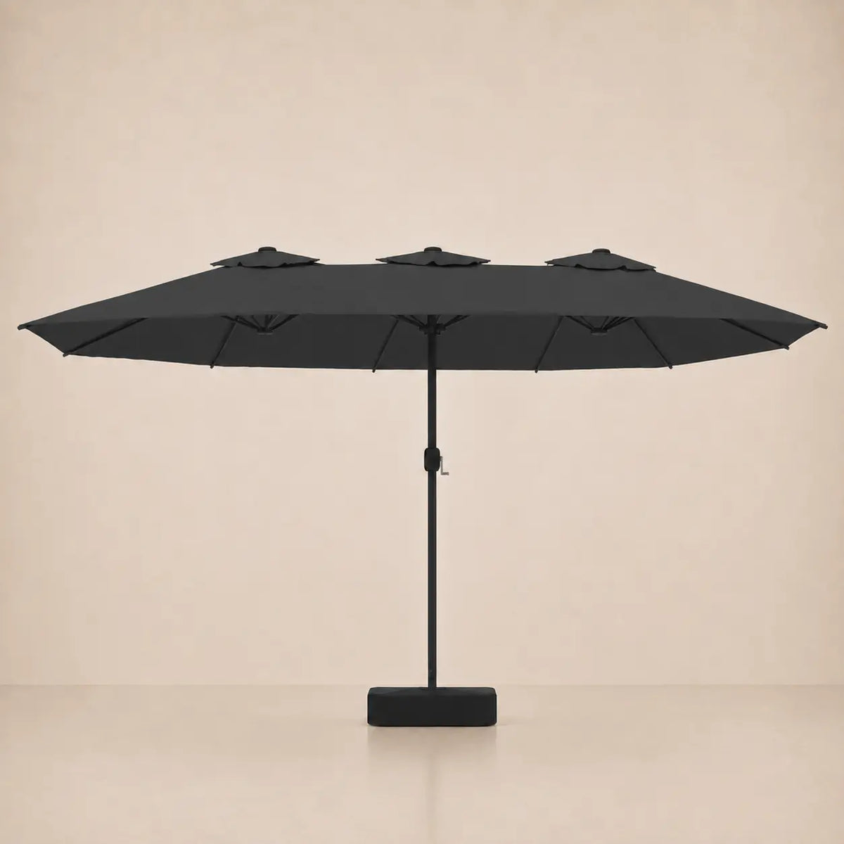 Anthracite double canopy market umbrella with integrated LED lights, black aluminium pole and weighted square base