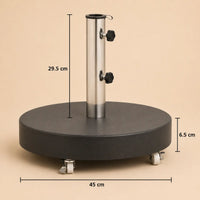 Round granite umbrella base dimensions – 45cm diameter, 29.5cm tube height, 6.5cm base height, 4-castor mobile outdoor stand