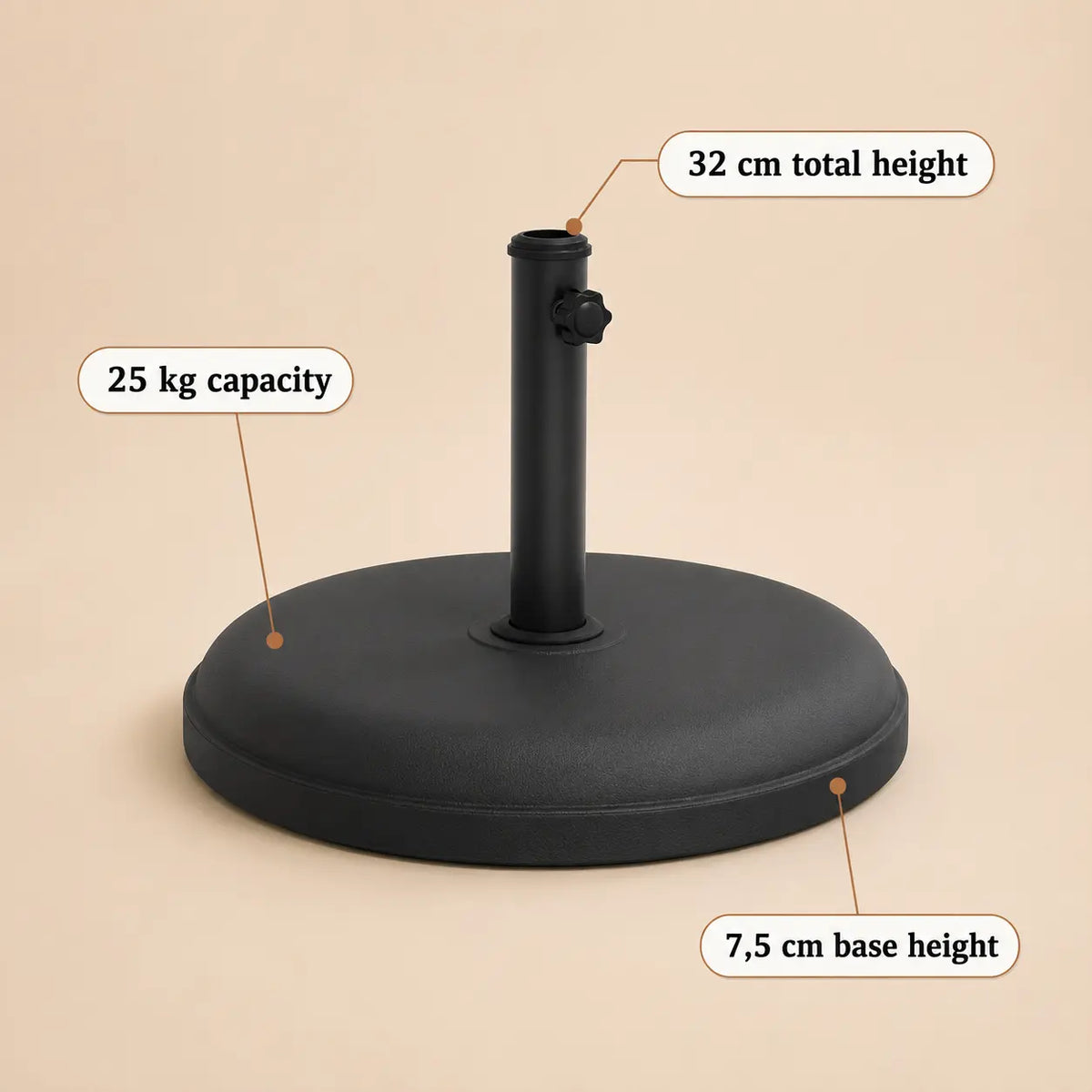 Round patio umbrella base specifications – 25kg capacity, 32cm total height, 7.5cm base height, anthracite black weighted stand