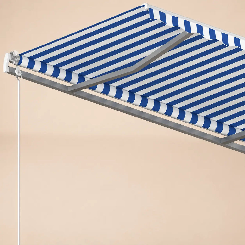 Blue and white striped retractable awning aluminium arm and roller close-up