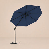 Round cantilever umbrella 3.5m Blue bottom view showing 8-panel canopy and rib structure – Marin