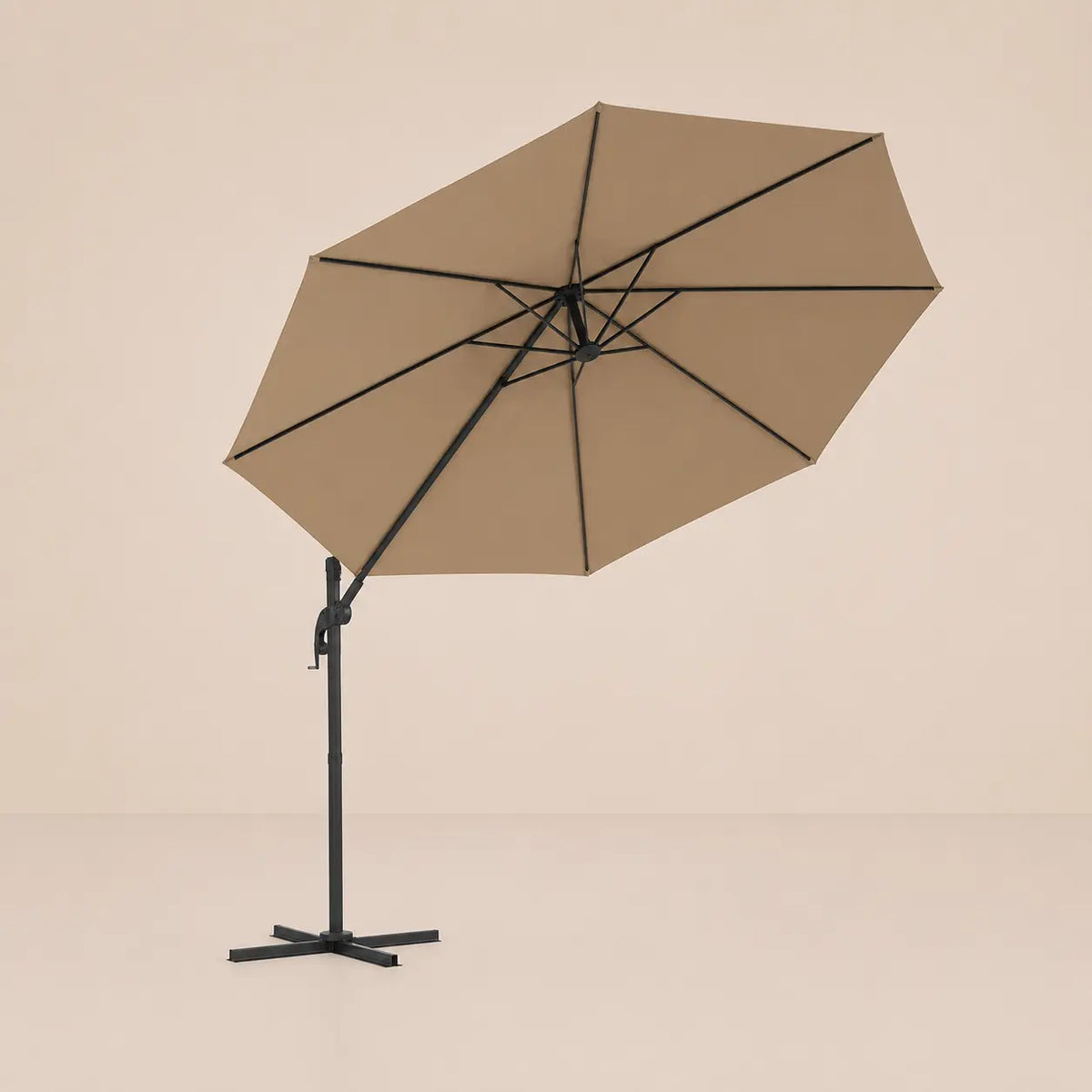 Round cantilever umbrella 3.5m Taupe bottom view showing 8-panel canopy and rib structure – Bora