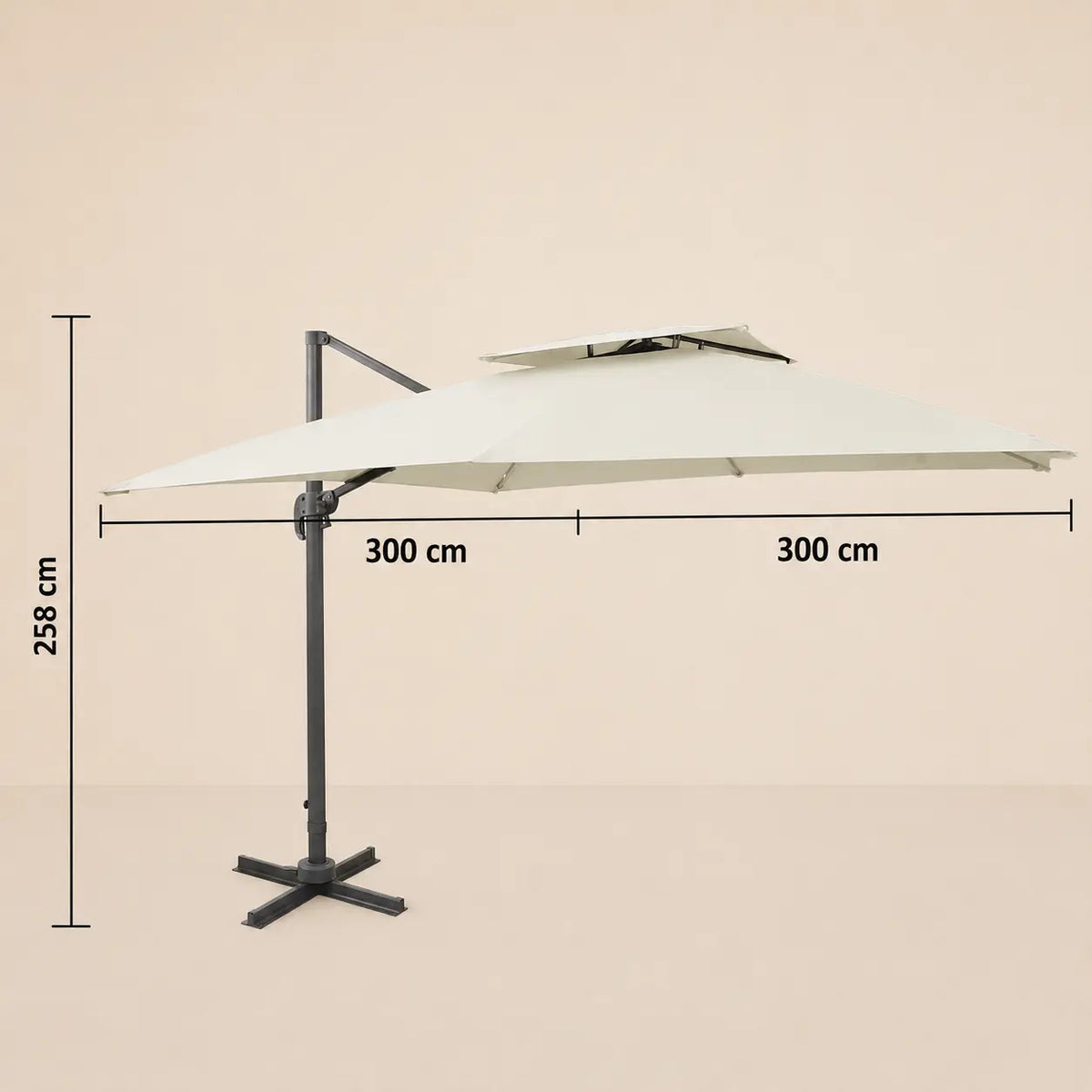 Dimensions diagram of the Sirocco square cantilever umbrella showing 300cm x 300cm canopy and 258cm height