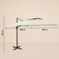 Dimensions diagram of the Sirocco square cantilever umbrella showing 300cm x 300cm canopy and 258cm height