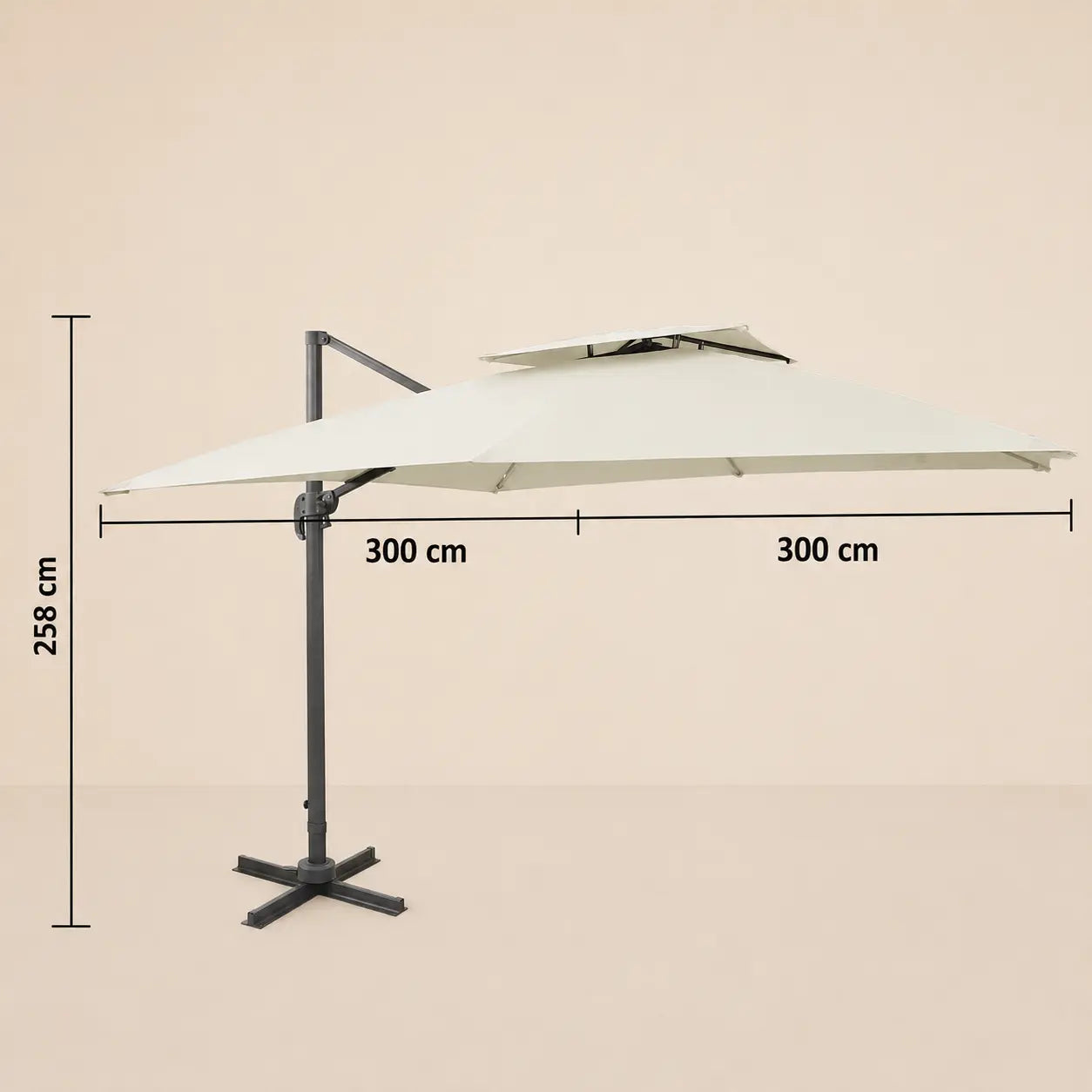 Dimensions diagram of the Sirocco square cantilever umbrella showing 300cm x 300cm canopy and 258cm height