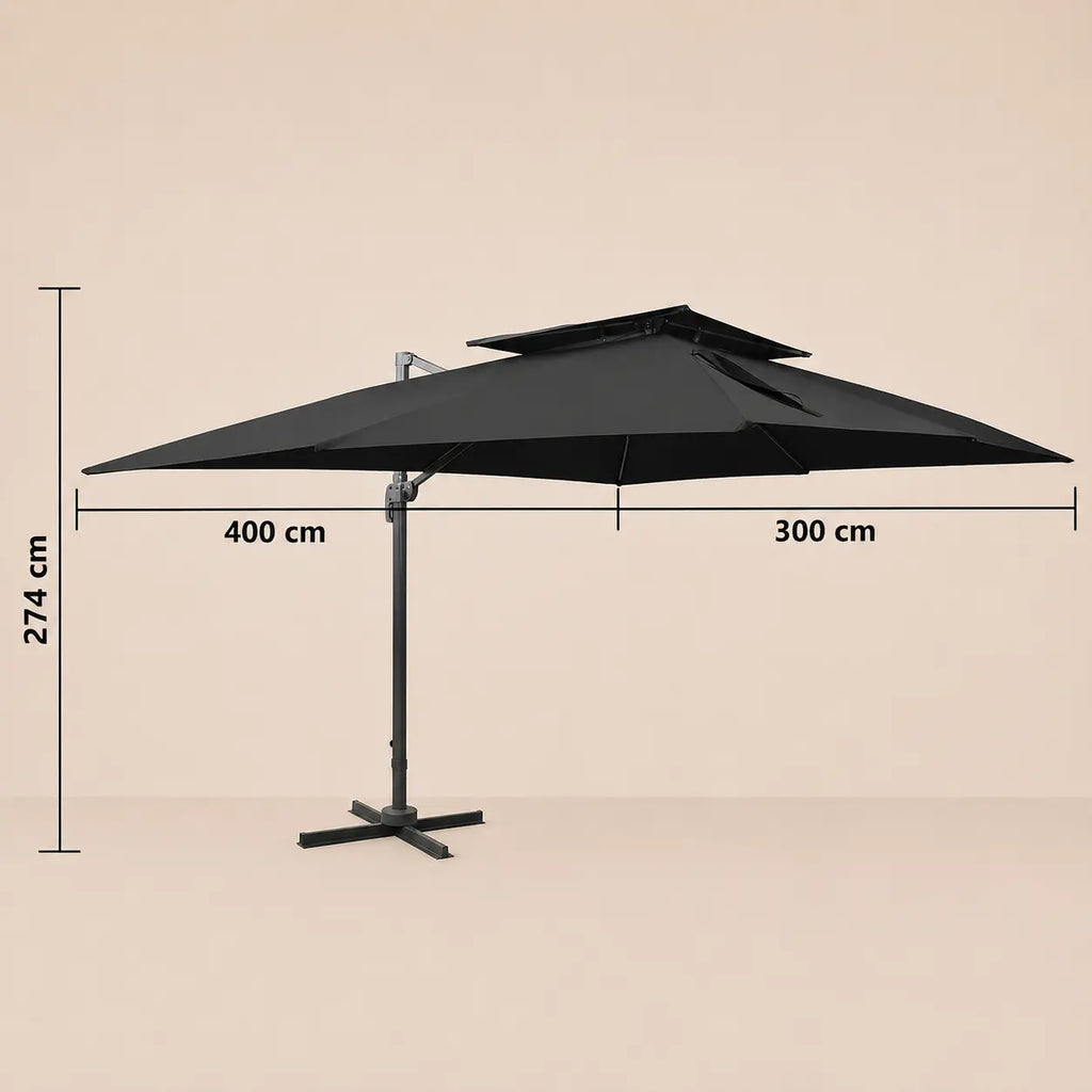 Dimensions diagram of the Mistral XL black cantilever umbrella showing 400cm x 300cm canopy and 274cm height