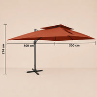 3x4m rectangular cantilever umbrella dimensions – 400cm x 300cm canopy, 274cm height, terracotta vented double canopy, Australian outdoor use