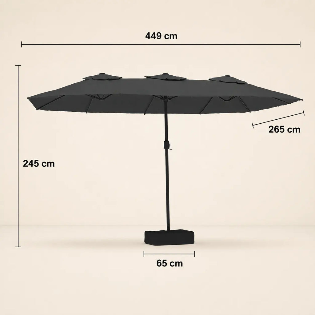 Double canopy market umbrella dimensions diagram: 449 cm length, 265 cm width, 245 cm height, anthracite