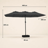 Double canopy market umbrella dimensions diagram: 449 cm length, 265 cm width, 245 cm height, anthracite