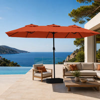 Large terracotta double canopy market umbrella over timber outdoor lounge furniture on a coastal Australian terrace beside a pool