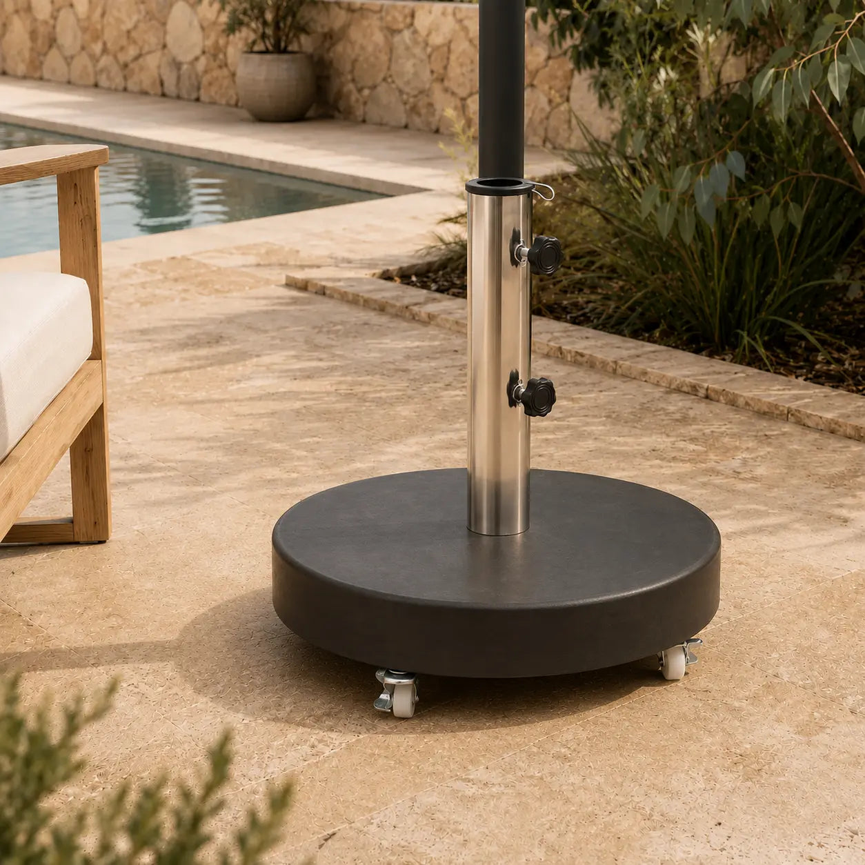 30kg mobile granite umbrella base on poolside stone patio – 4-castor rolling stand for outdoor umbrella, Australian backyard setting
