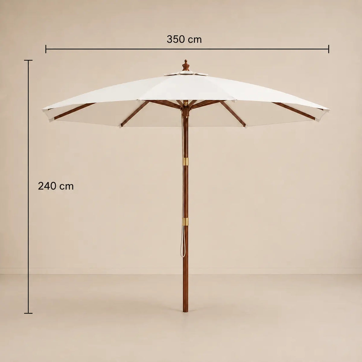 Dimensions diagram of the Domaine large market umbrella showing 350cm diameter and 240cm height with brass fittings