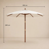 Dimensions diagram of the Domaine large market umbrella showing 350cm diameter and 240cm height with brass fittings