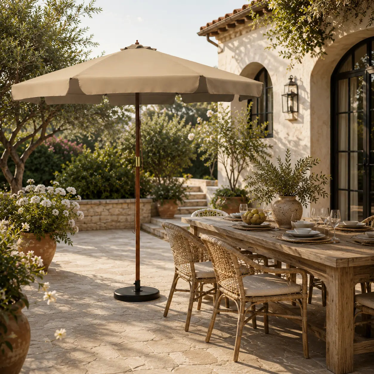 3.3m taupe market umbrella beside a timber outdoor dining table in a garden alfresco setting