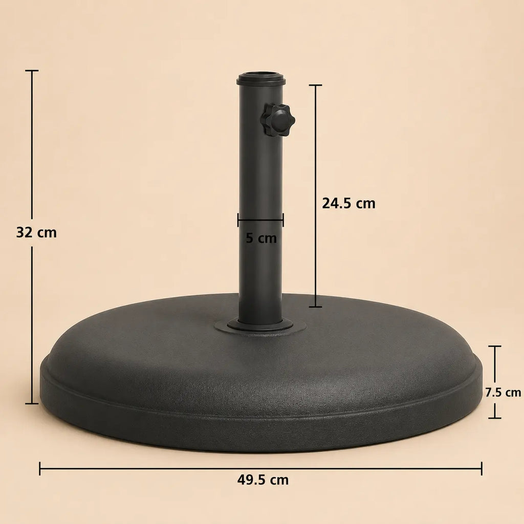 Round umbrella base dimensions – 49.5cm diameter, 32cm total height, 5cm pole width, 7.5cm base height, 25kg black resin stand