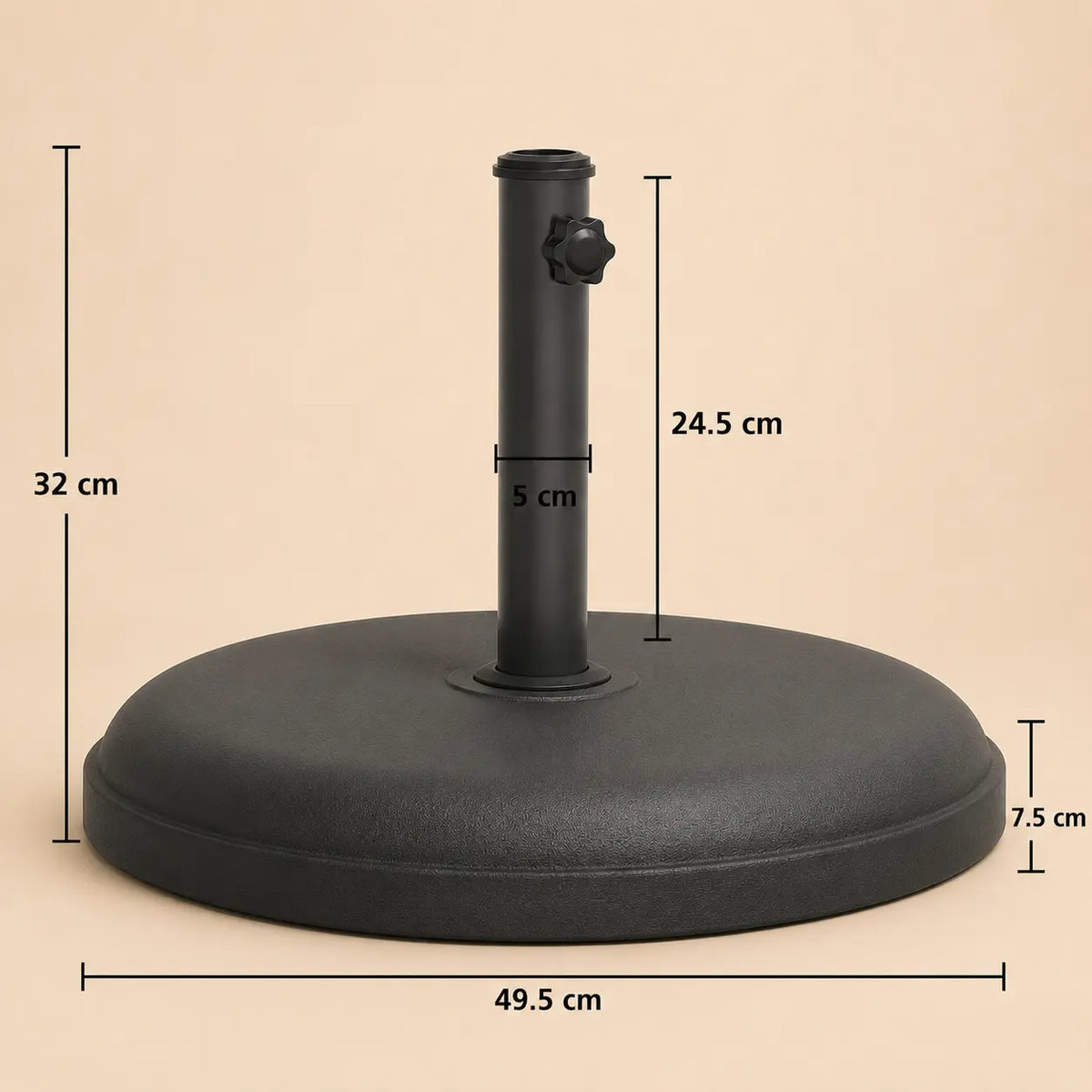 Round umbrella base dimensions – 49.5cm diameter, 32cm total height, 5cm pole width, 7.5cm base height, 25kg black resin stand