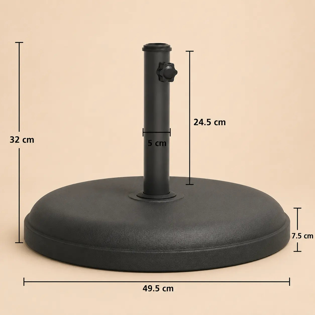 Round umbrella base dimensions – 49.5cm diameter, 32cm total height, 5cm pole width, 7.5cm base height, 25kg black resin stand