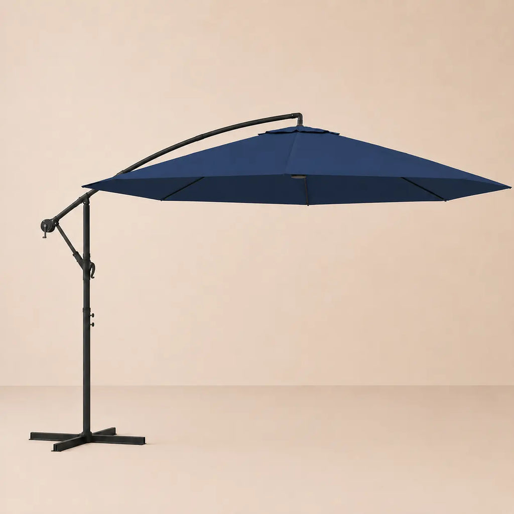 Round cantilever umbrella 3.5m Blue fully open side view with vented canopy and crank arm – Marin