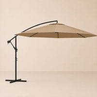 Round cantilever umbrella 3.5m Taupe fully open side view with vented canopy and crank arm – Bora