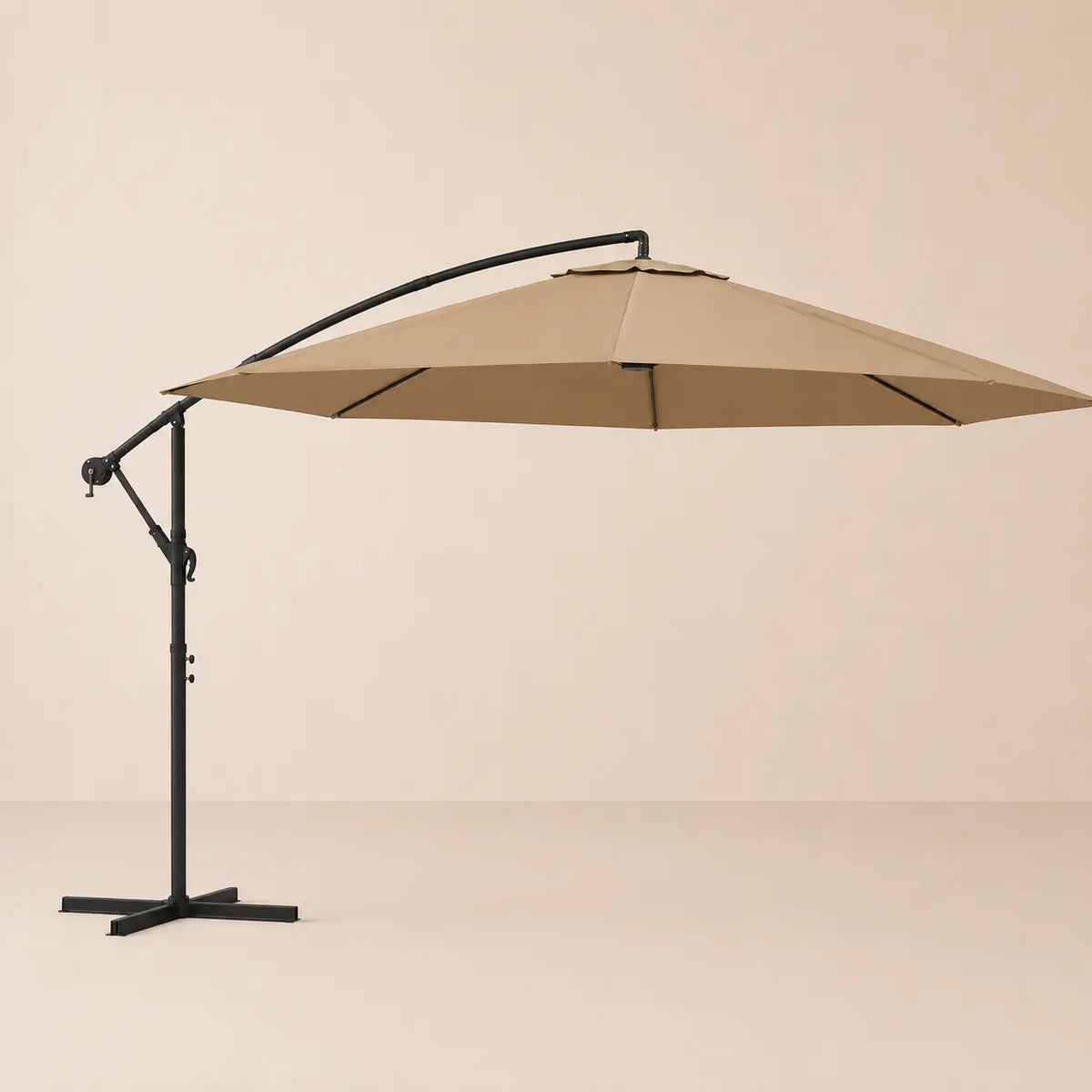 Round cantilever umbrella 3.5m Taupe fully open side view with vented canopy and crank arm – Bora