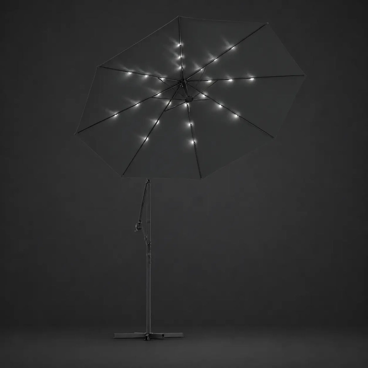 Round cantilever umbrella 3m Anthracite with solar LED lights illuminated along ribs at night – Libeccio