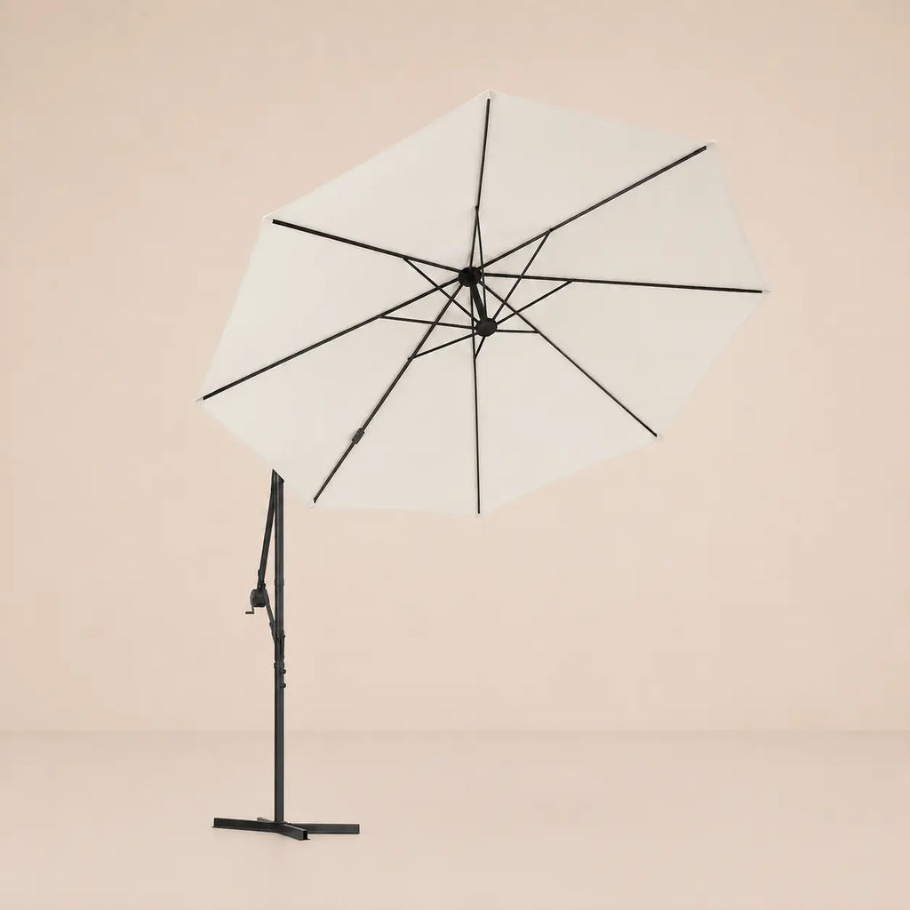 Round cantilever umbrella 3m Sand bottom view showing 8-panel canopy and LED rib structure – Solano