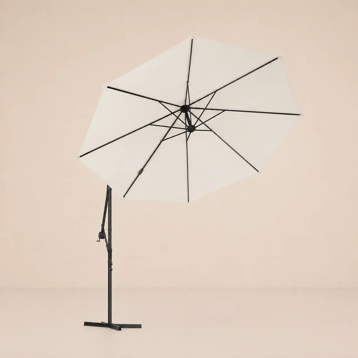 Round cantilever umbrella 3m Sand bottom view showing 8-panel canopy and LED rib structure – Solano