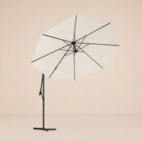Round cantilever umbrella 3m Sand bottom view showing 8-panel canopy and LED rib structure – Solano