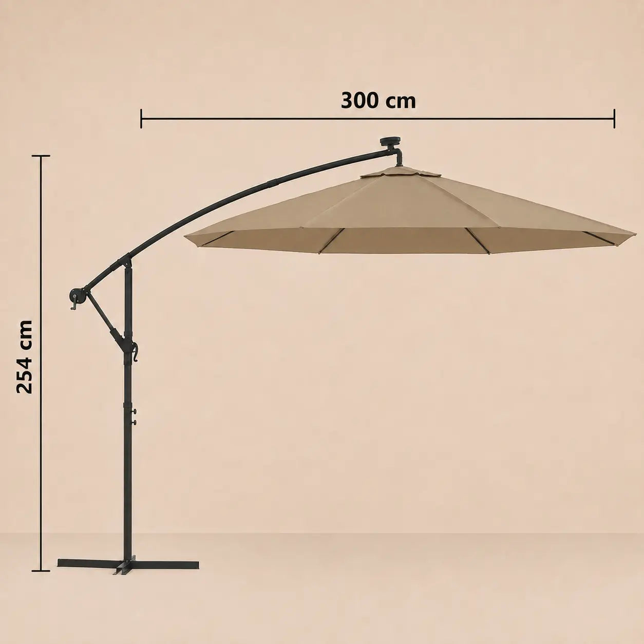 Round cantilever umbrella 3m diameter 254cm height with cross base and solar panel – Meltem Taupe dimensions