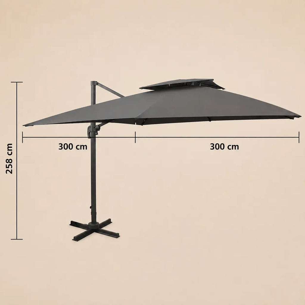 Dimensions diagram of the Levant square cantilever umbrella showing 300cm x 300cm canopy and 258cm height
