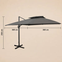 Dimensions diagram of the Levant square cantilever umbrella showing 300cm x 300cm canopy and 258cm height