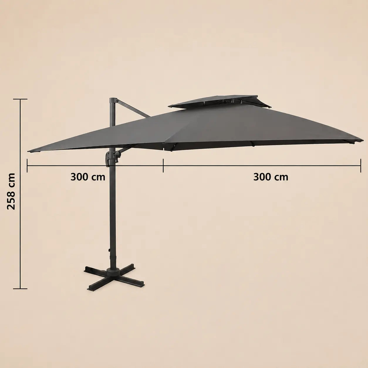Dimensions diagram of the Levant square cantilever umbrella showing 300cm x 300cm canopy and 258cm height