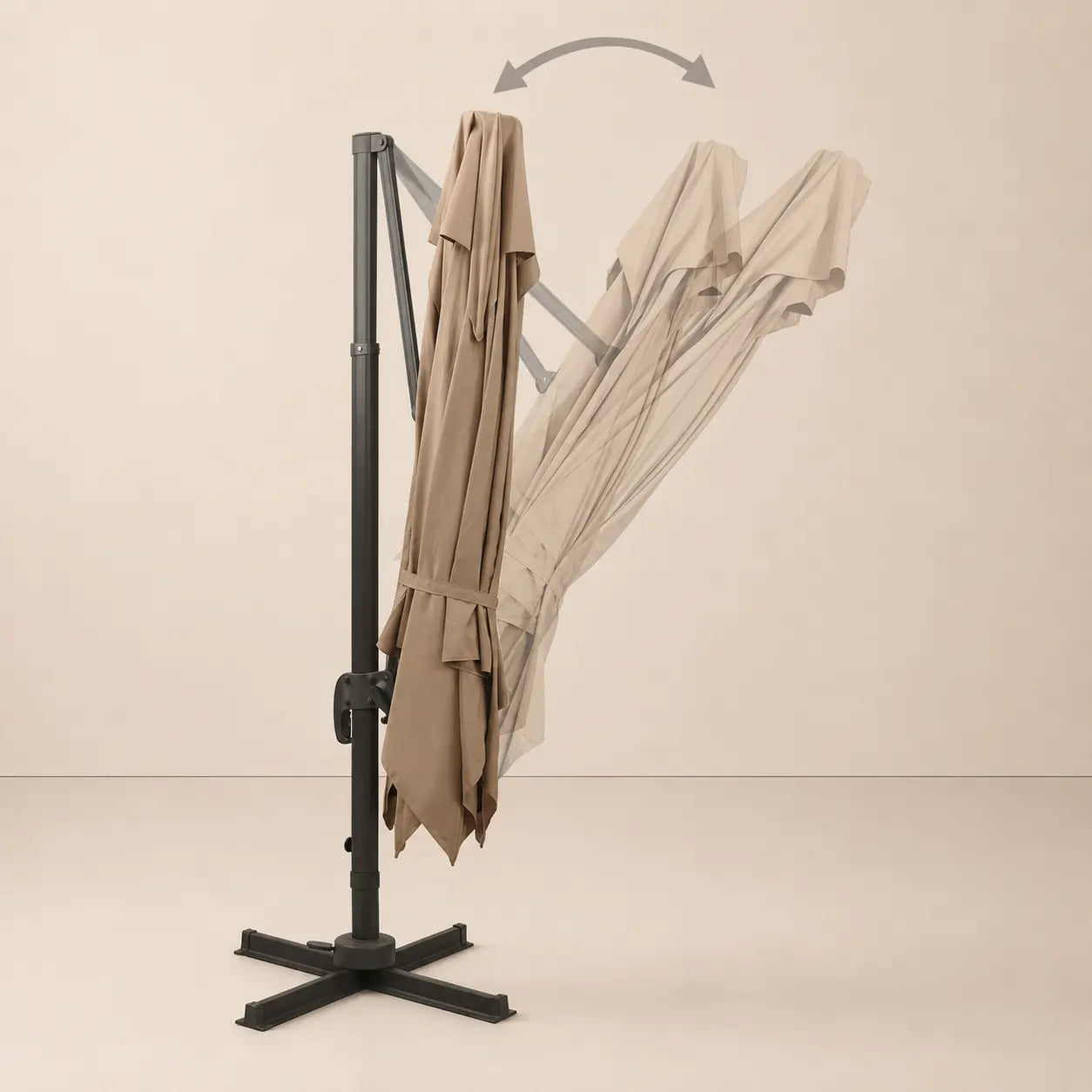 Tilt function of the taupe cantilever umbrella allowing adjustable shade angles throughout the day