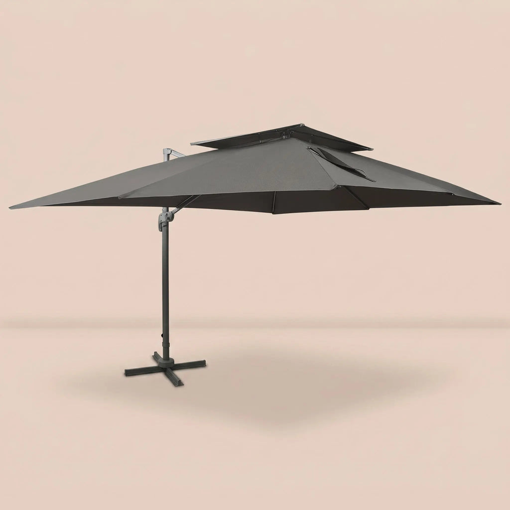Side profile of the 3x4m anthracite cantilever umbrella with double wind-vented canopy and offset aluminium pole