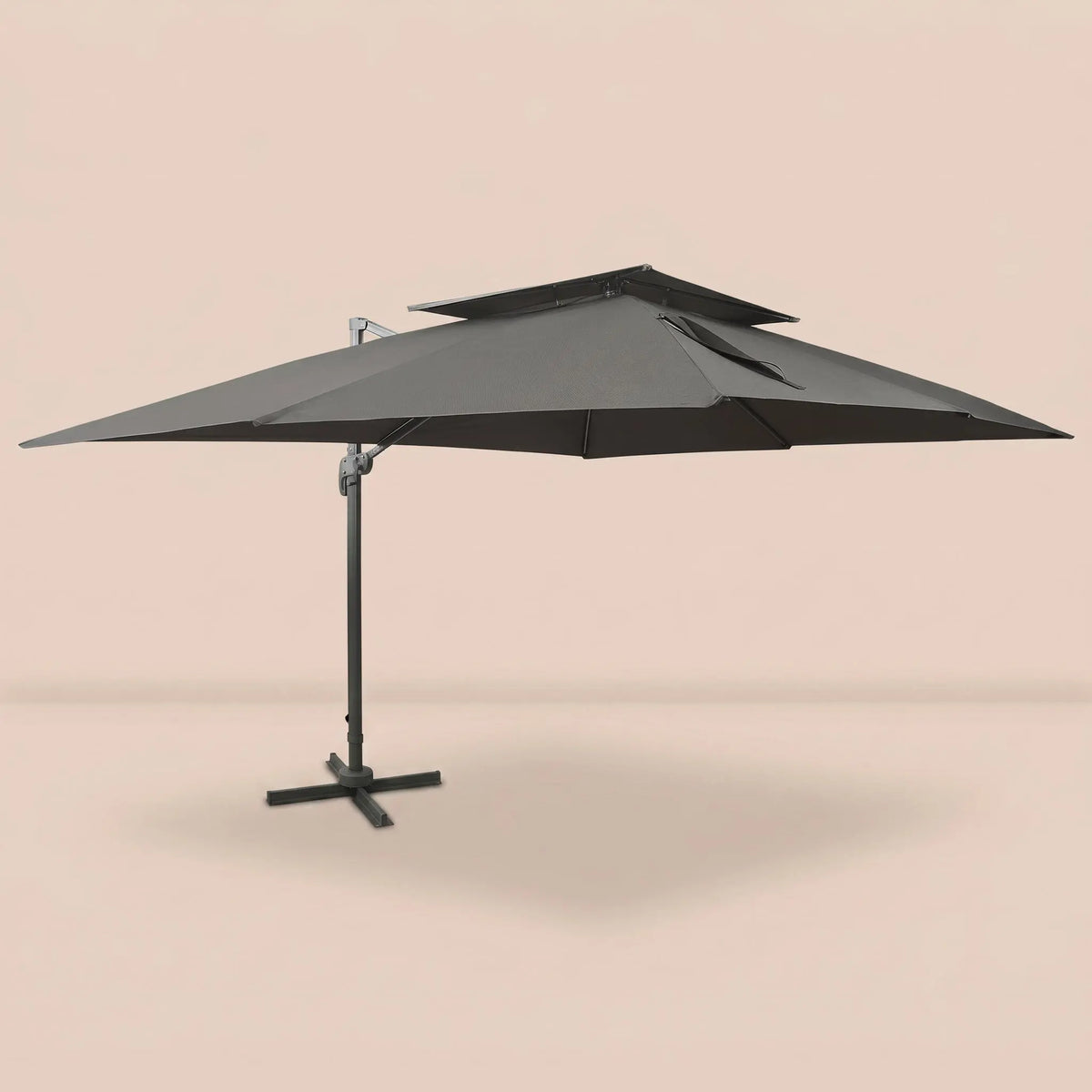 Side profile of the 3x4m anthracite cantilever umbrella with double wind-vented canopy and offset aluminium pole