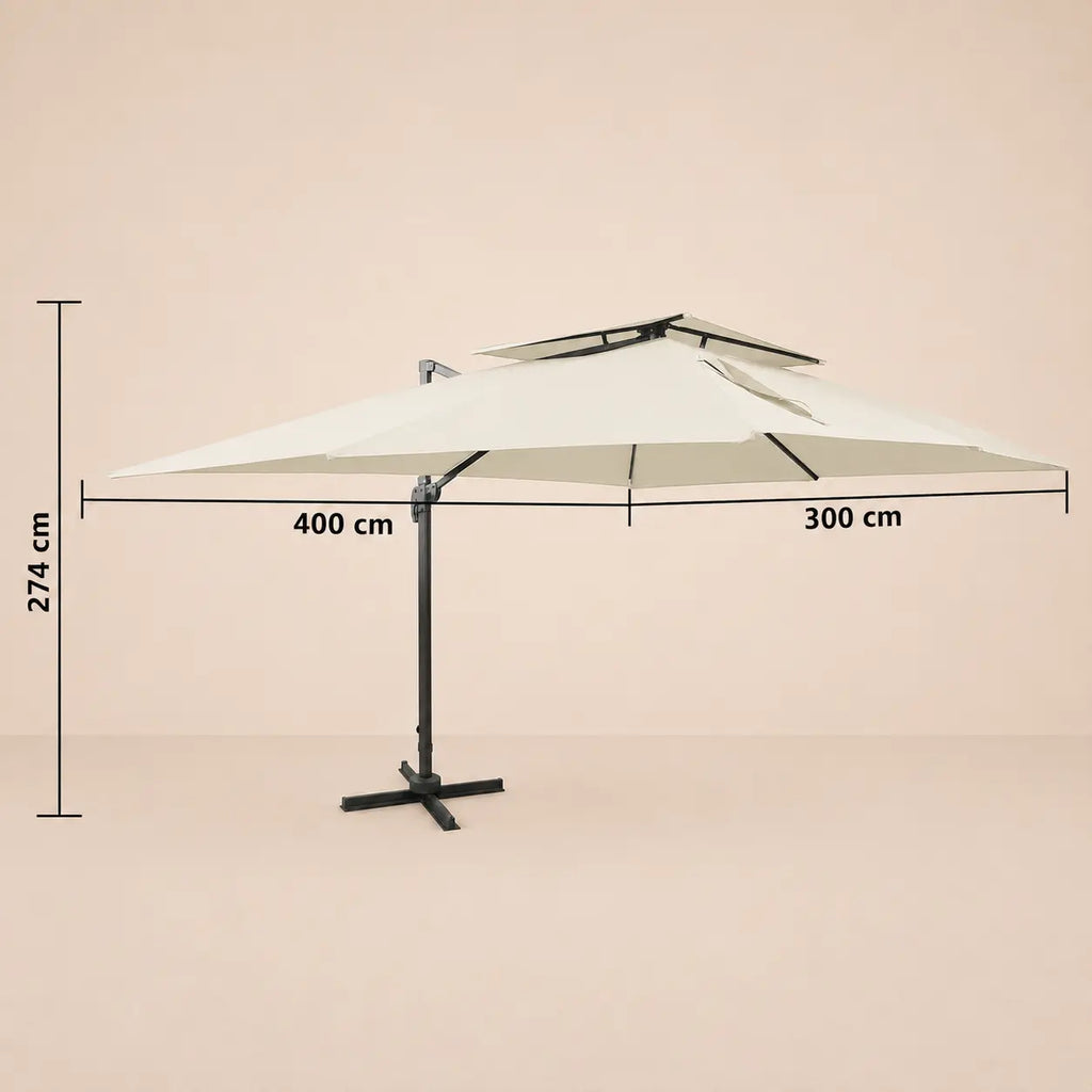Dimensions diagram of the Sirocco XL rectangular cantilever umbrella showing 400cm x 300cm canopy and 274cm height