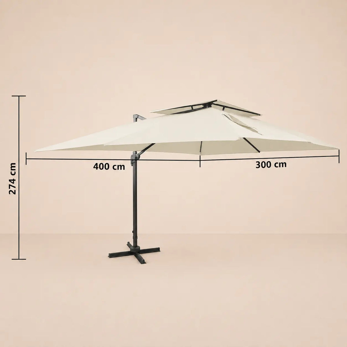 Dimensions diagram of the Sirocco XL rectangular cantilever umbrella showing 400cm x 300cm canopy and 274cm height